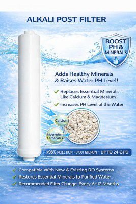 Alkaline water filter with graphics explaining filtration and mineral features