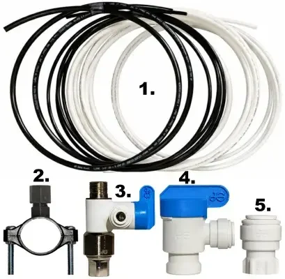 EPS and UPS reverse osmosis installation kits with tubing, fittings, and shutoff components