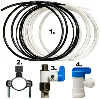 SPS reverse osmosis installation kit with tubing, fittings, and shutoff components